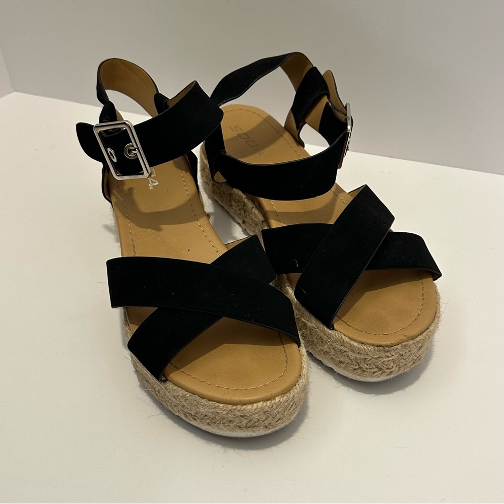 Soda Black and Tan Sandals with Crisscross Straps